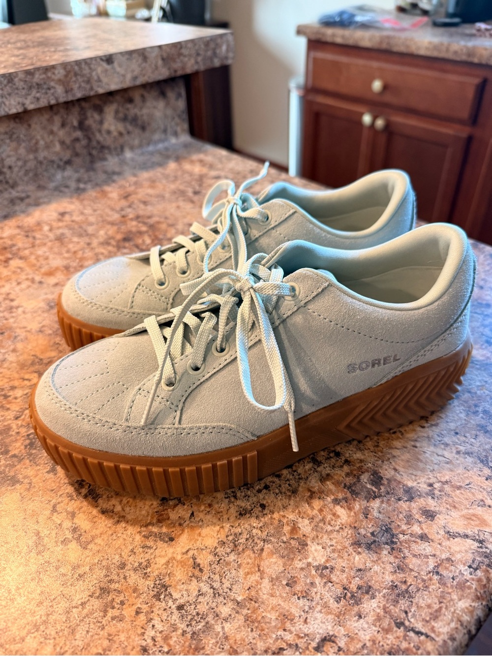 Sorel Pale Green Suede Platform Lace-Up Sneakers with Gum Sole